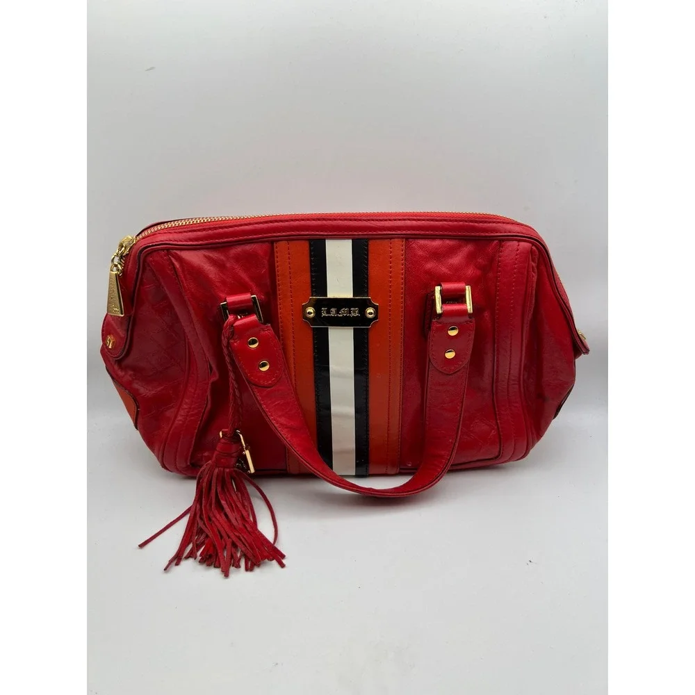 L.A.M.B. Gwen Stefani Red Leather Satchel Handbag Racing Stripe Tassel Gold HW